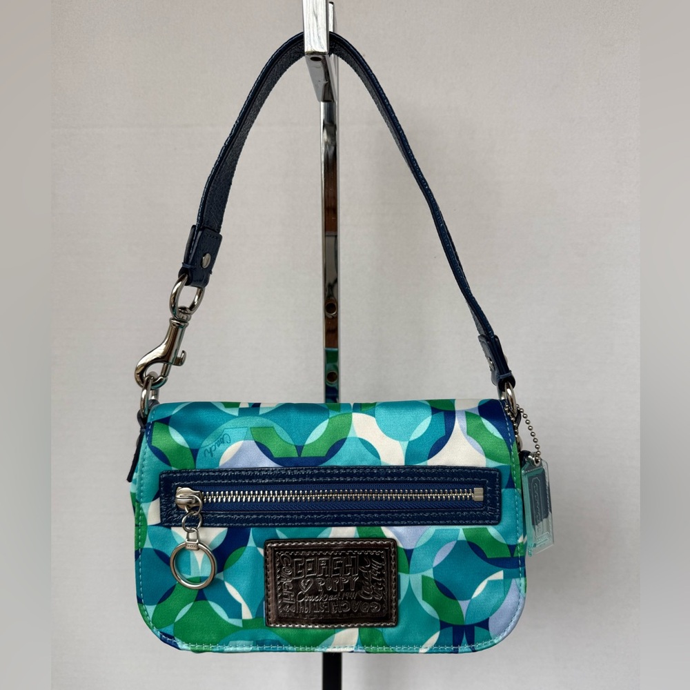 Coach Poppy Blue Green Scarf Patterned Flap Wristlet HandBag